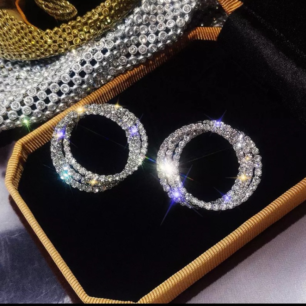 🌟 Rhinestone Silver Tone Circle Earrings